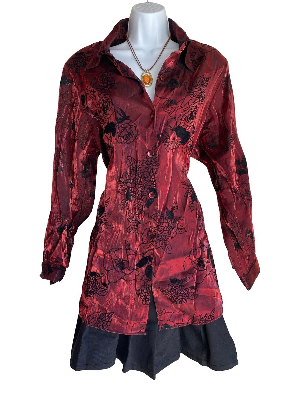 Vintage Dress Barn Plus 14/16 Burgundy Floral Button Up Tunic Blouse Whimsigoth